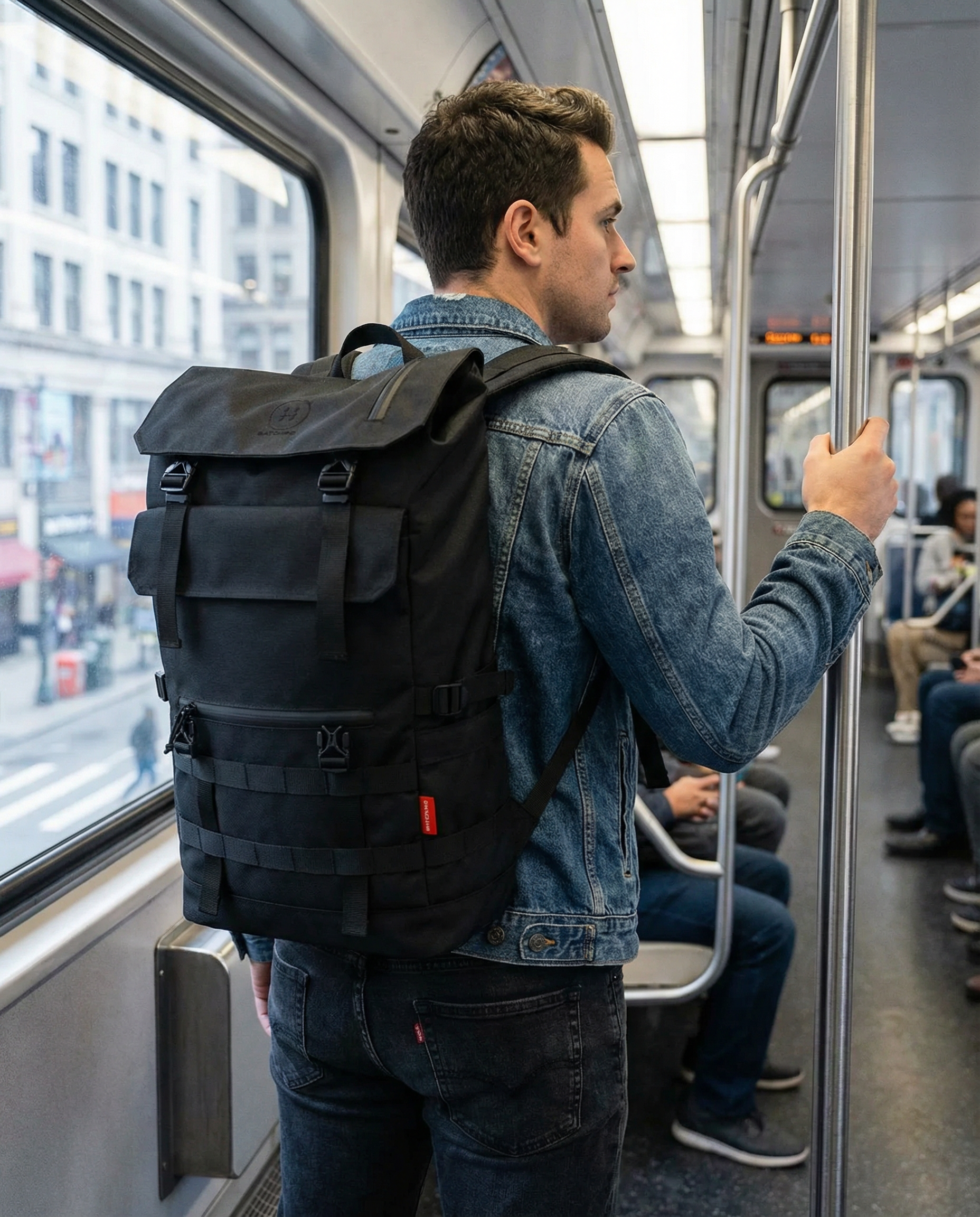 Minato Premium 6.0 – Black Knight backpack worn by a man in a subway train.