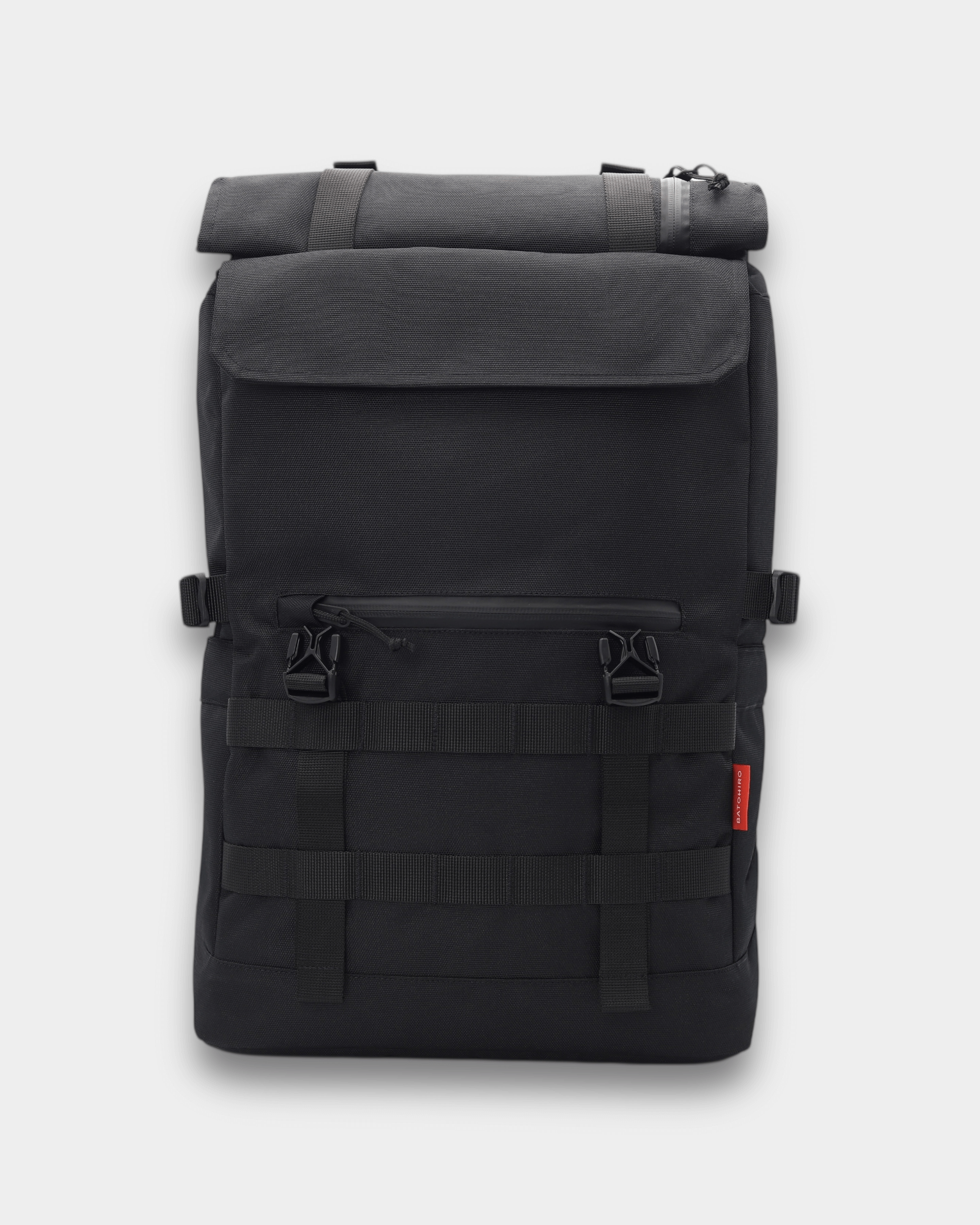Premium durable backpack in black color with roll-top design, featuring durable fabric and adjustable straps.
