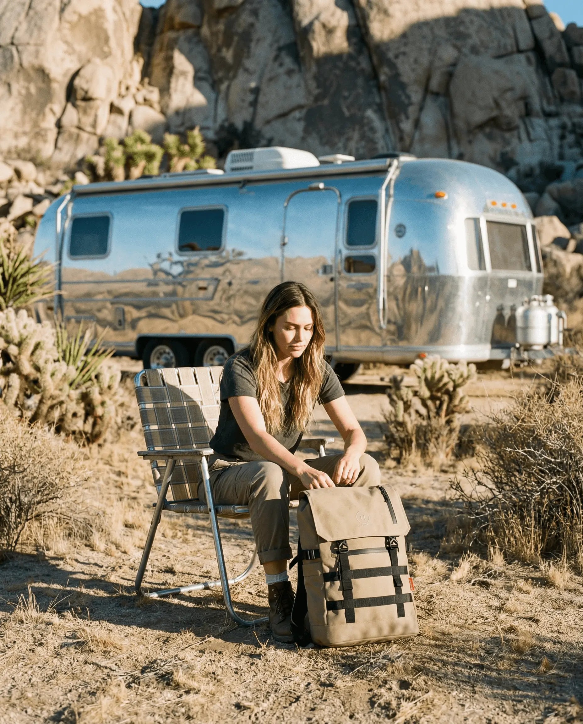 Minato Premium 6.0 – Nomad Tan backpack being unpacked in a desert landscape with an Airstream trailer.