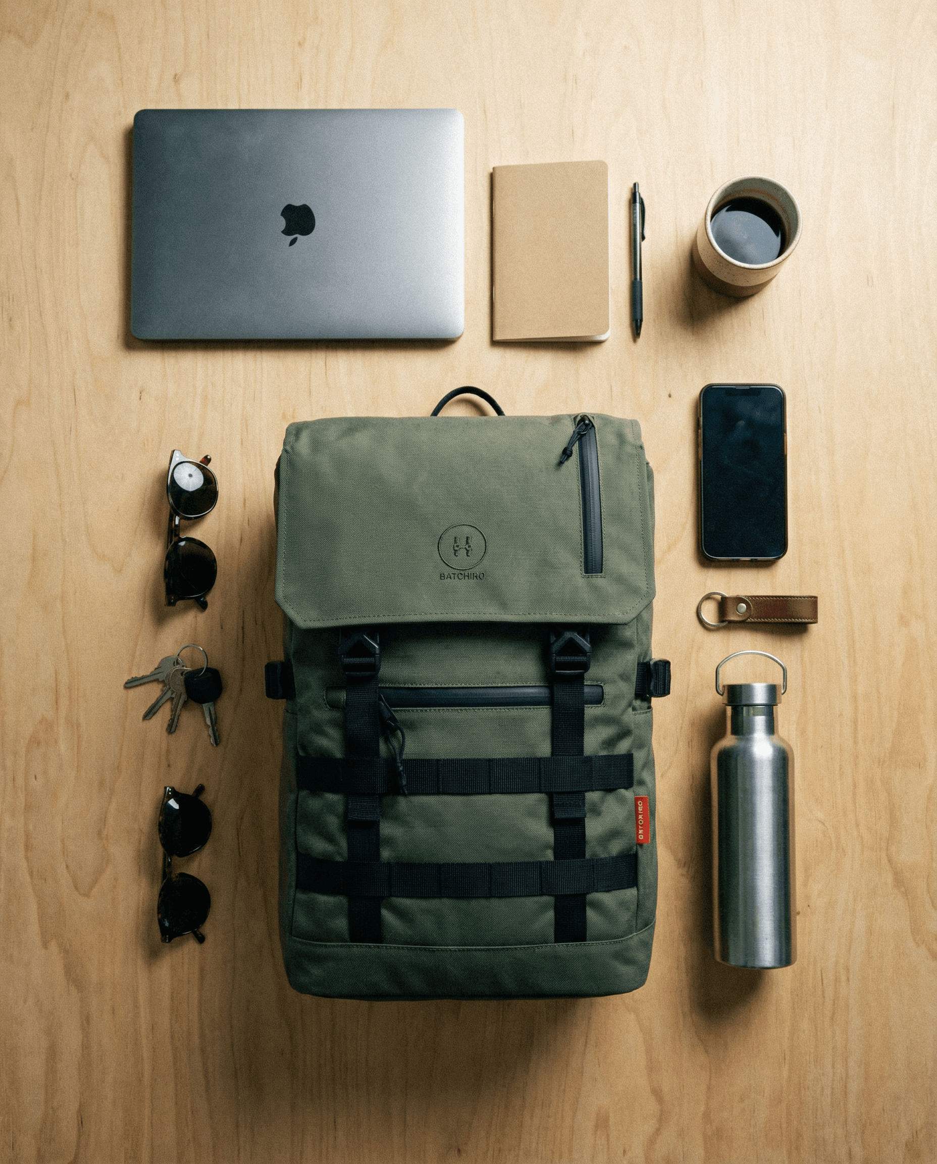Minato Premium 6.0 – Ranger Green backpack with laptop, notebook, and water bottle on wooden table.