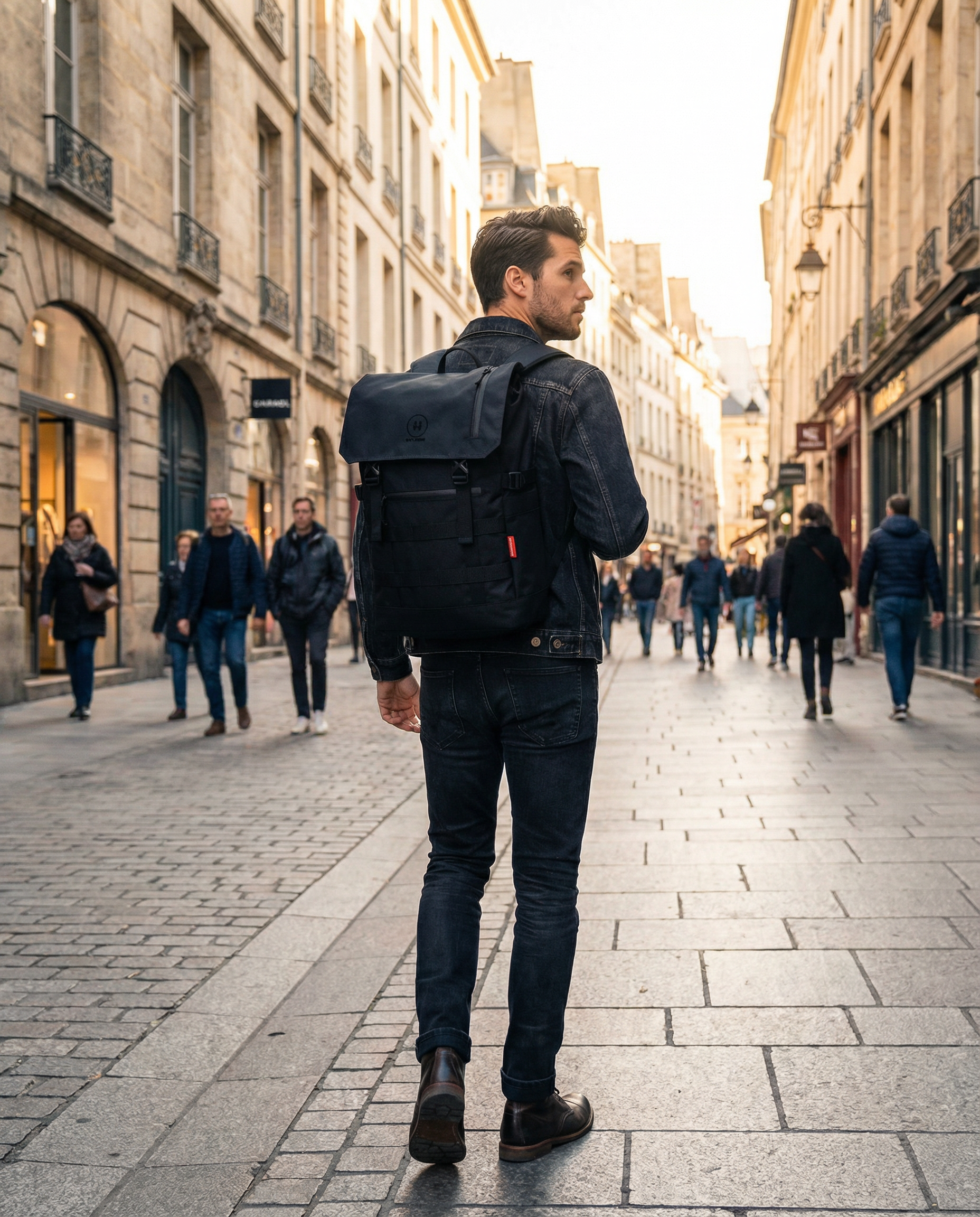 Muž ve městě nese cestovní batoh cordura Minato Premium 6.0 Black Knight při procházce po ulici.