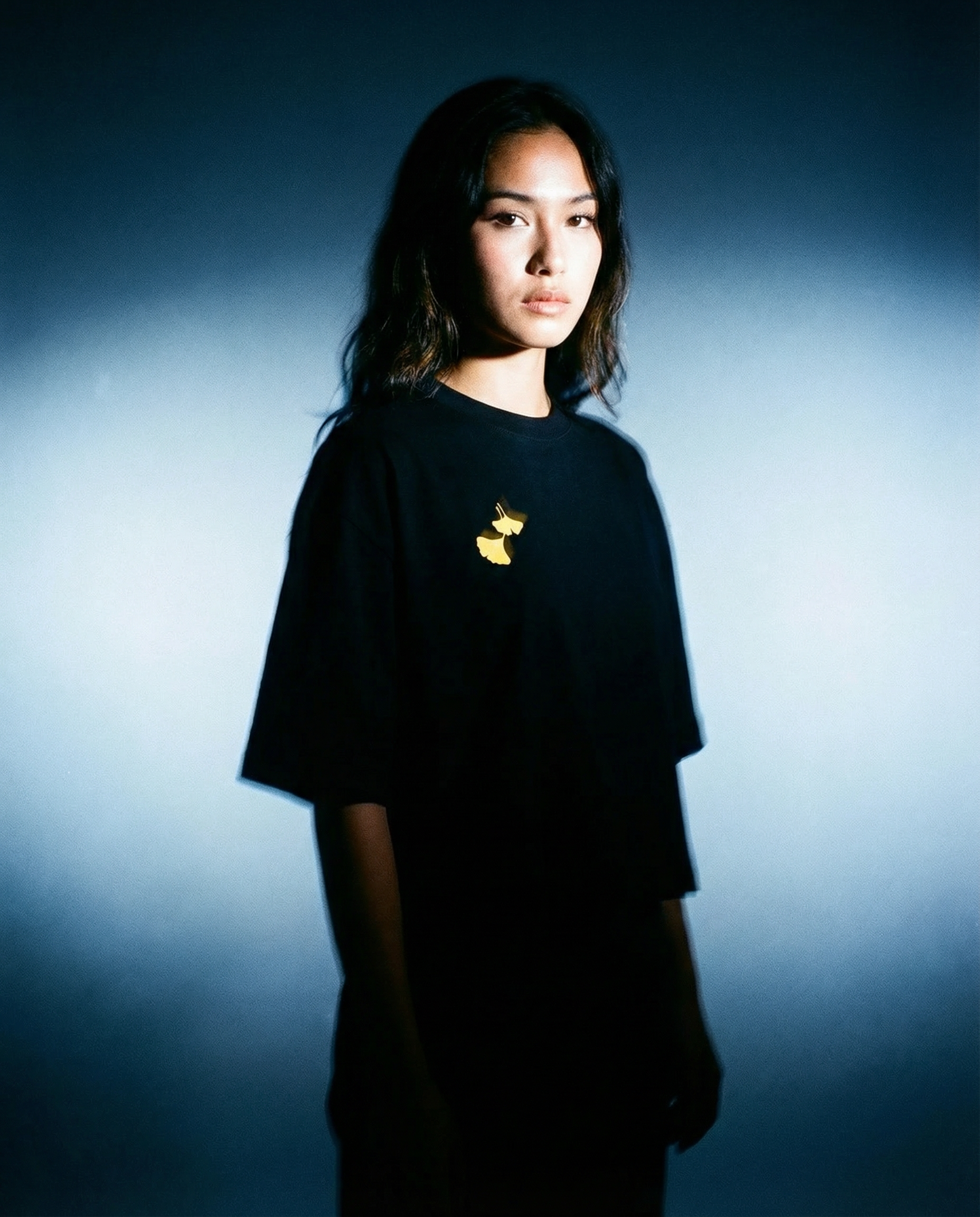 Ginko Cat Tee - Black Cropped Oversized worn by a model in a dark ambiance with a focus on the embroidered design.