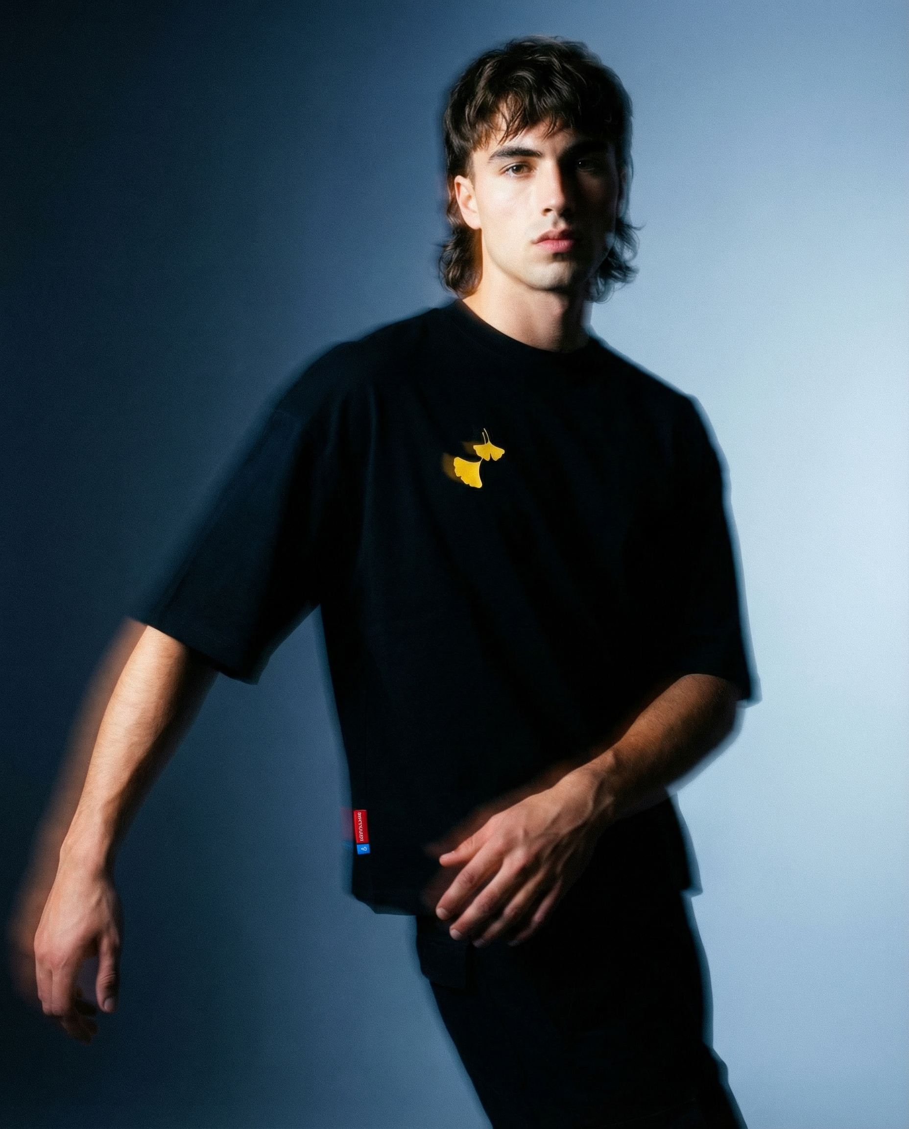 Ginko Cat Tee - Black Cropped Oversized on a model showing embroidered Ginko leaf logo.