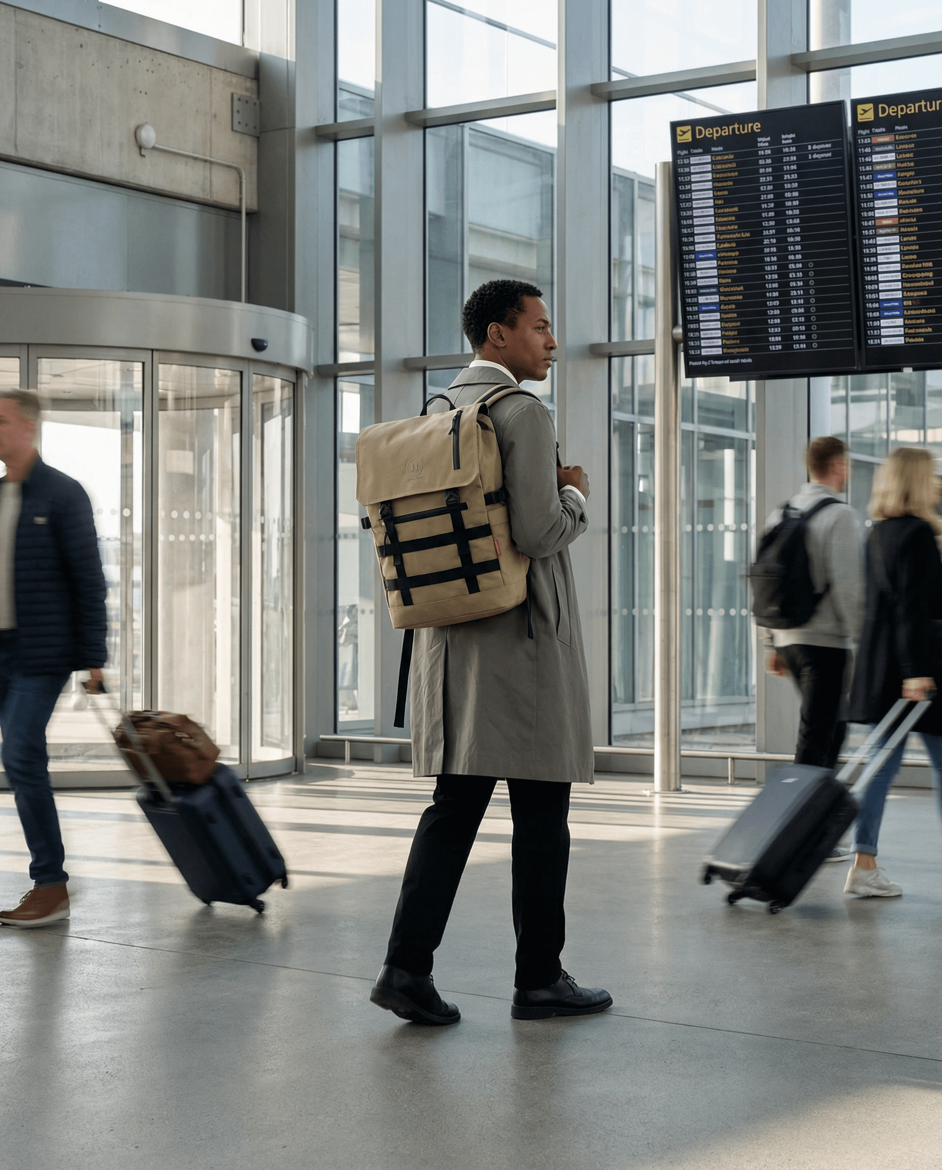 Minato Premium 6.0 – Nomad Tan backpack in an airport with travelers and departure board in the background.