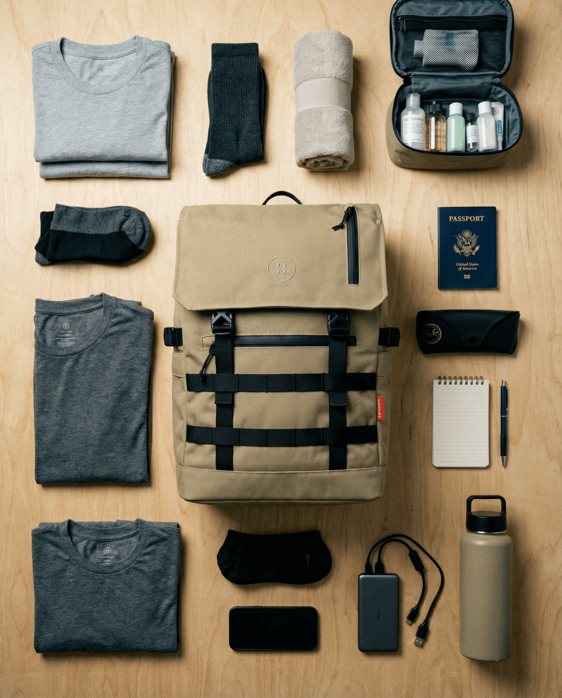 Minato Premium 6.0 – Nomad Tan backpack with travel essentials laid out.